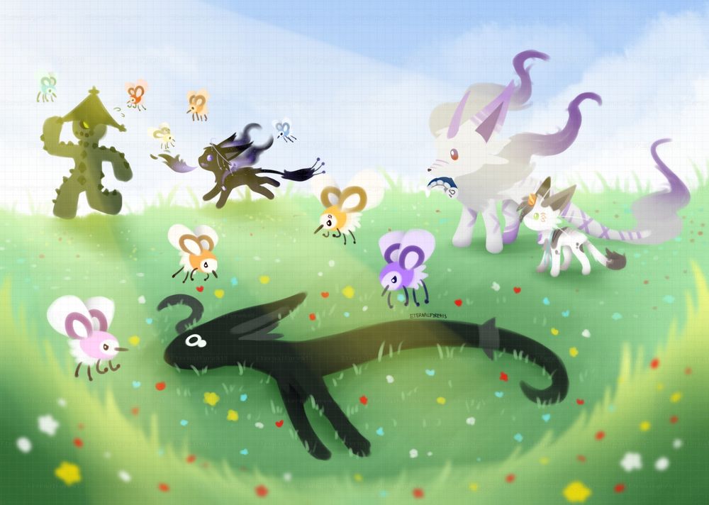 Getting jumped by the cutiefly mafia in the meadow I guess
Lettuce, the Leafeon/Dreepy/Blank just deflates in the grass
Kenneth, Skitty/Charcadet trying to save the cacturne from cutieflies
Kieran and Sinclair came back with a fish like wtf is going on here