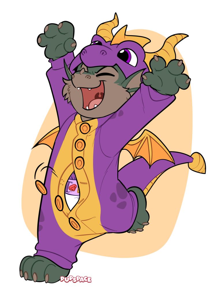 Dragon wearing a spyro kigu having fun