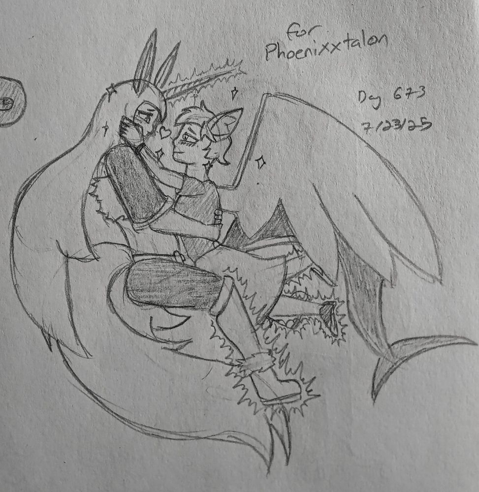 a sketch of two magical girls cuddling while they float with magic