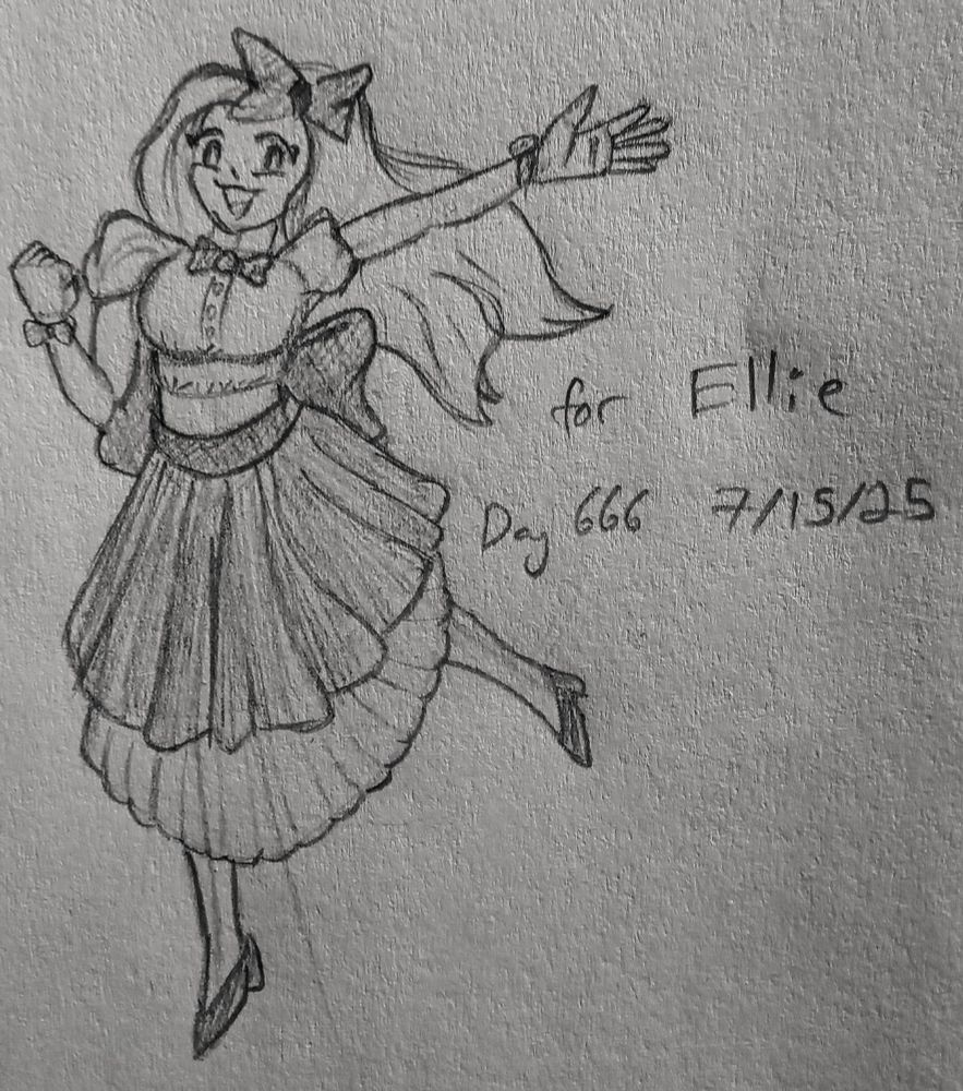 a sketch of a girl in a puffy dress covered in bows