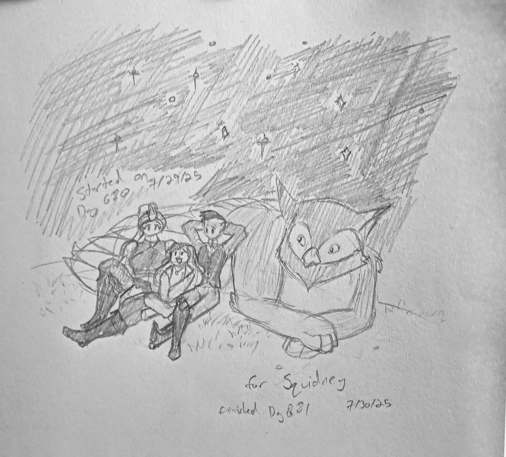a sketch of three figures sitting next to a large owl creature under a night sky