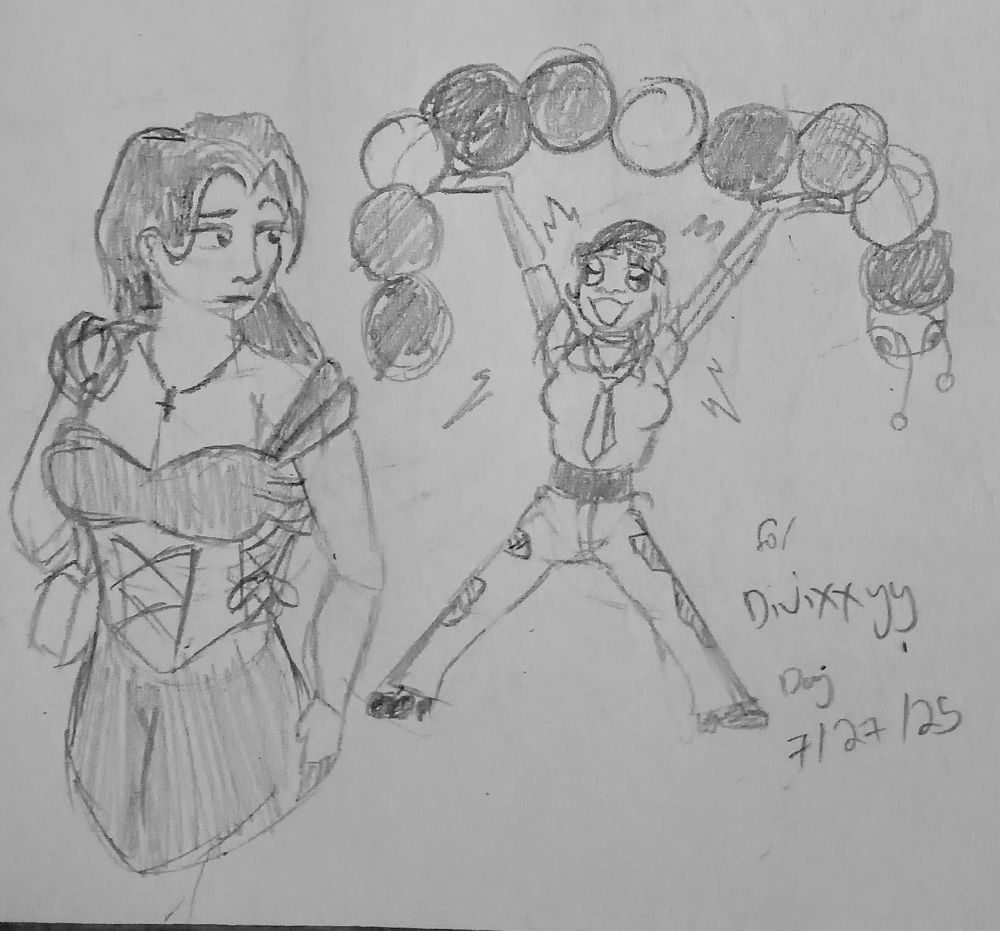 a sketch of a woman looking at her friend who is triumphantly holding a giant plush worm over her head