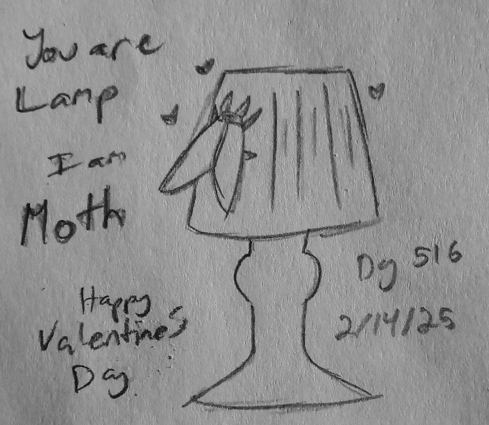 a sketch of a moth holding a lamp, next to text that reads "You are Lamp, I am Moth"