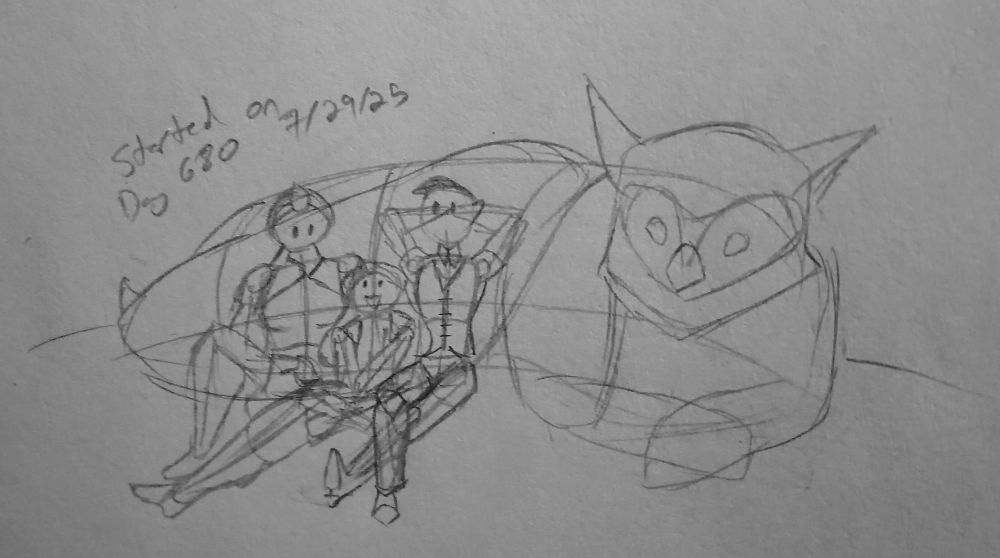 an unfinished sketch of three characters sitting beside a large owl creature