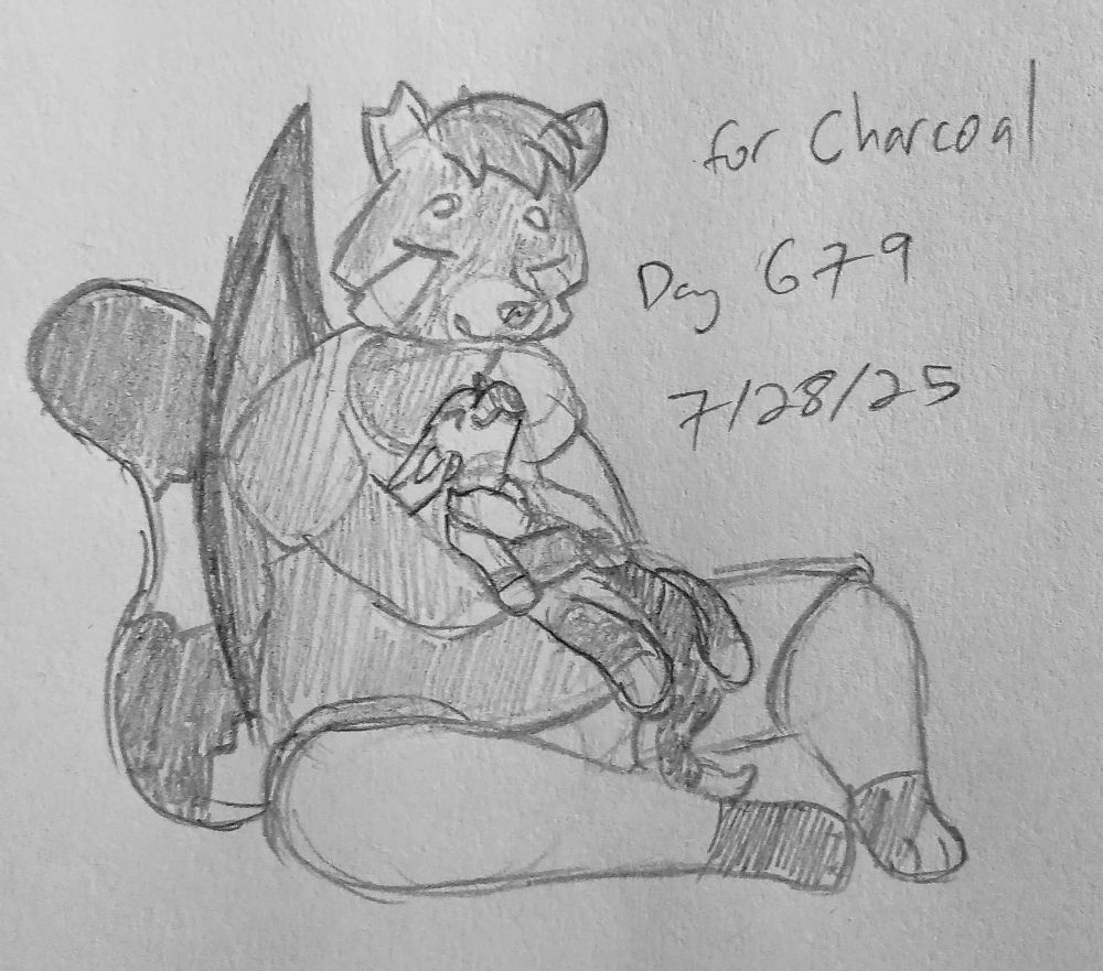 a sketch of an anthro red panda cuddling a small dragon plush