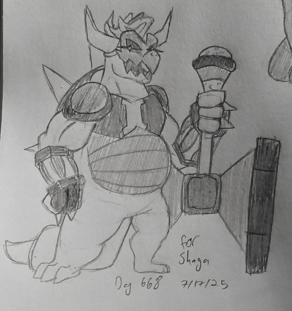 a sketch of a large koopa wielding a large hammer