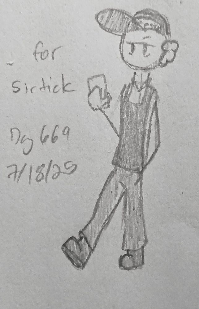 a sketch of an overtired fast food employee on his phone