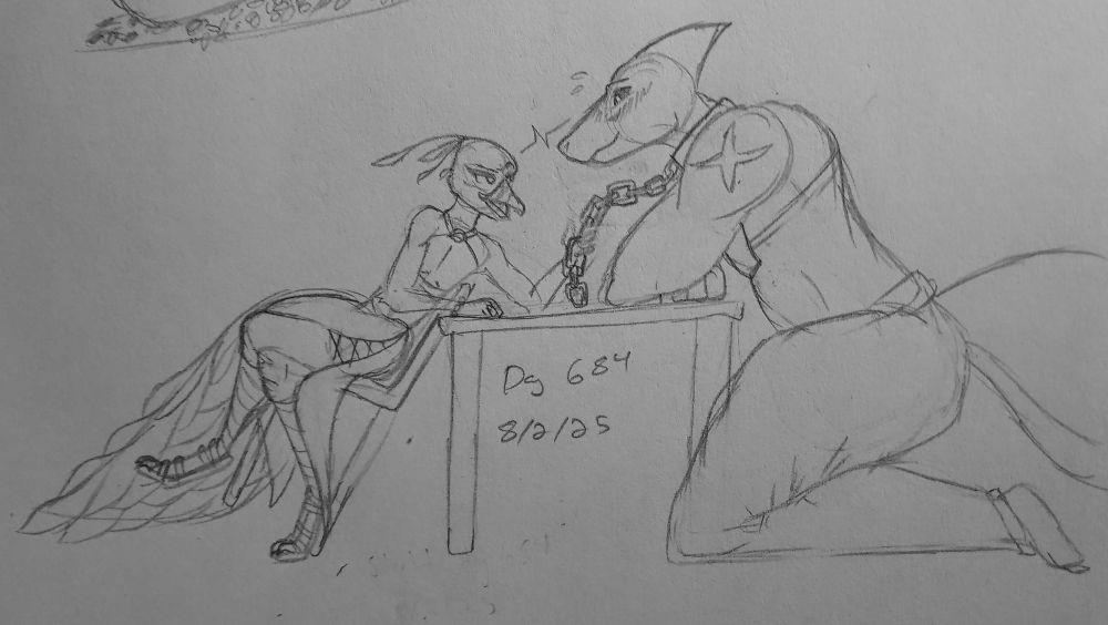 a sketch of a femboy peacock leaning over a table and pulling over his hunky shark boyfriend