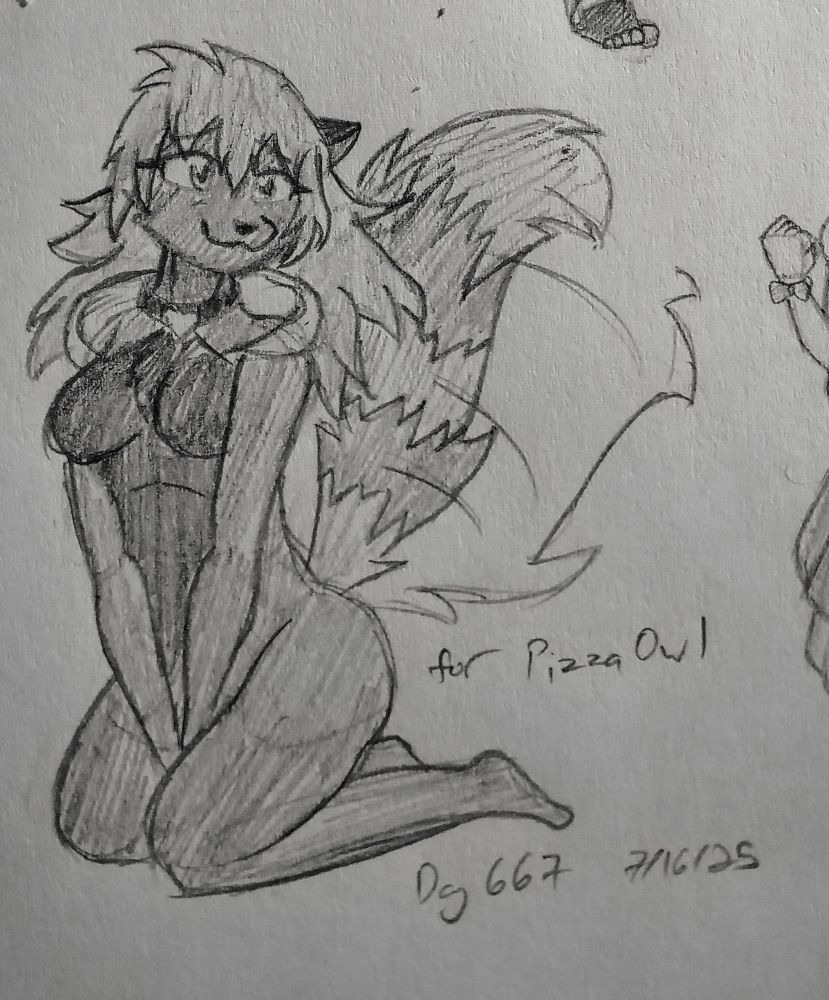 a sketch of an anthro cat kneeling and wagging her tail