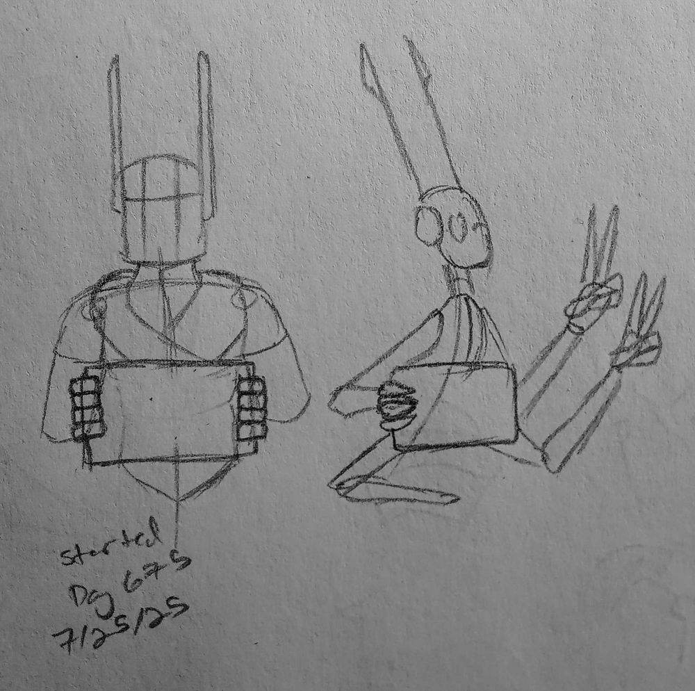 an unfinished sketch of two robots holding signs