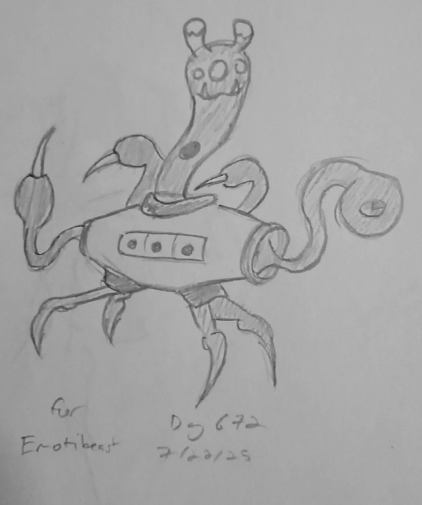 a sketch of a strange alien slime creature in a mechanical capsule with eight limbs