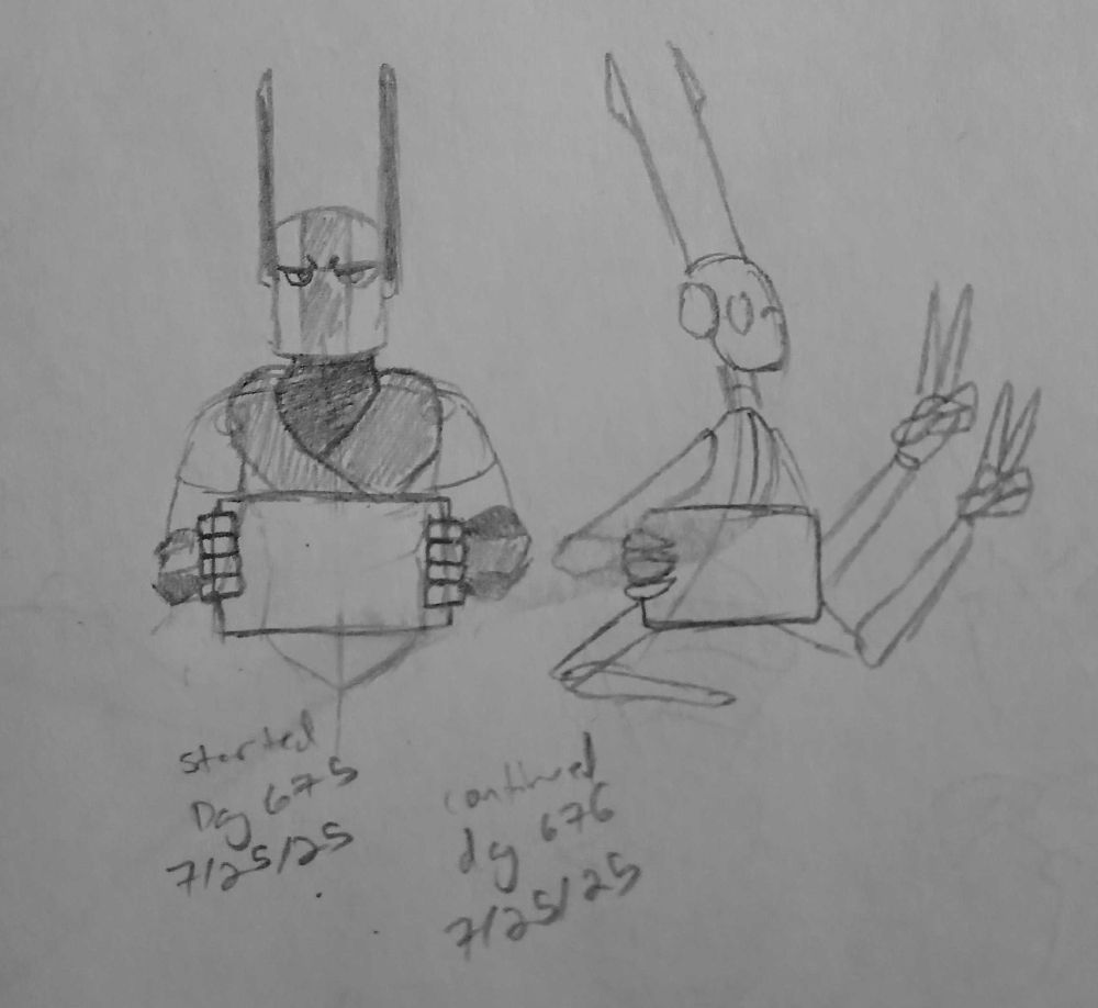 more progress on last night's sketch of two robots holding signs. The robot on the left is much more detailed now.