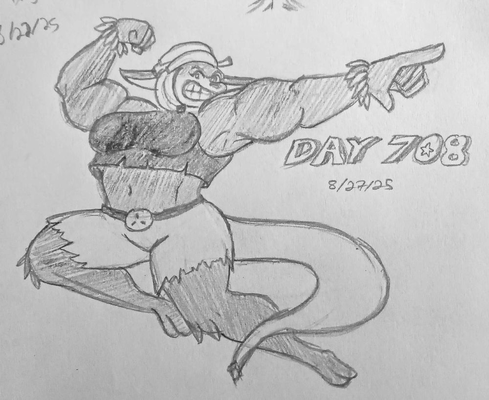 a sketch of a very beefy otter girl with banana decorations, striking a dramatic pose. The day marker is very detailed, but also inaccurate.