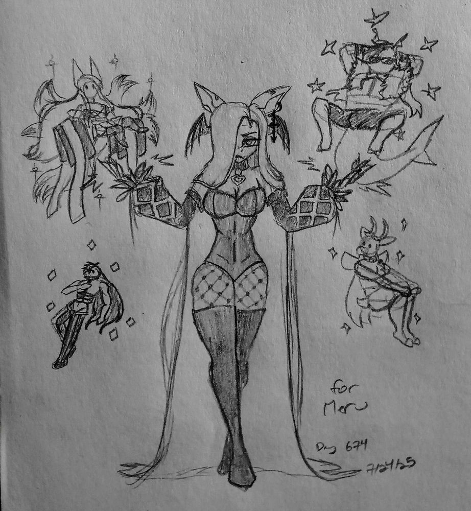 a sketch of a woman holding up four smaller figures