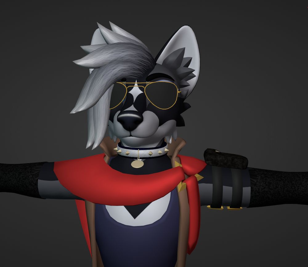 A close-up teaser image depicting a furry 3d avatar for VRChat, showing off one of two glasses style and the no hood option for the cloak.