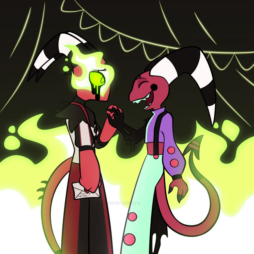 teenage blitz and fizzarolli from the season two episode “OOPS.” they’re facing each other and holding hands. fizzarolli is smiling but the limbs turned away from the camera are burnt and the bone is visible. blitz looks mournful, tears running down his face, and his left eye is engulfed in the same green flames in the background, party streamers and curtains vaguely visible. he’s holding the love letter that was seen in the episode in his right hand.