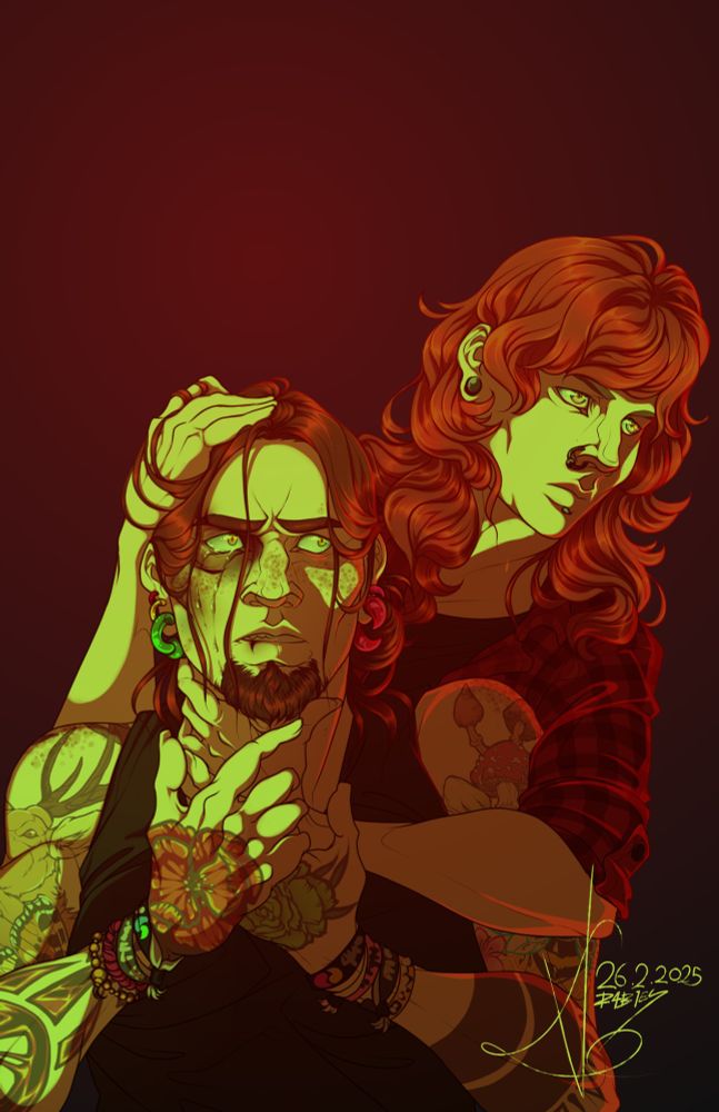 Scared man with bruised face, woman behind him holding his head an throat, as if strangling him. Heavily implied domestic violence.

I take this to have a few words. I've never suffered physical abuse, nor even threat of it. But I've survived a mentally abusive relationship, and this is vent art on my part, as the thraumas have surfaced due to a close proximity with my abuser. I did my part tho, and I was a horrible person. It does not mean I deserved anything. Nor continue to deserve the fear, anxiety and loss of another formerly safe space due to her.
So this is... 'bout the fear. 'bout the hate and hopelessness against a person your fear has twisted into an uncaring force ready and willing to take everything thinking you deserve it. And you think you do, I did for a longest time. This is 'bout the hate, questioning how the fuck were you so blind to love a person so selfish, so uncaring, someone you were nothing, but a mere object to.
Don't know if drawing this made me feel any better. I don't think I can get better. I won't heal and I will lose another space to her, for I can't deal with living with all this fucking... this. Surviving abuse is fucking hell. Can I say fuck one more time? Fuck.