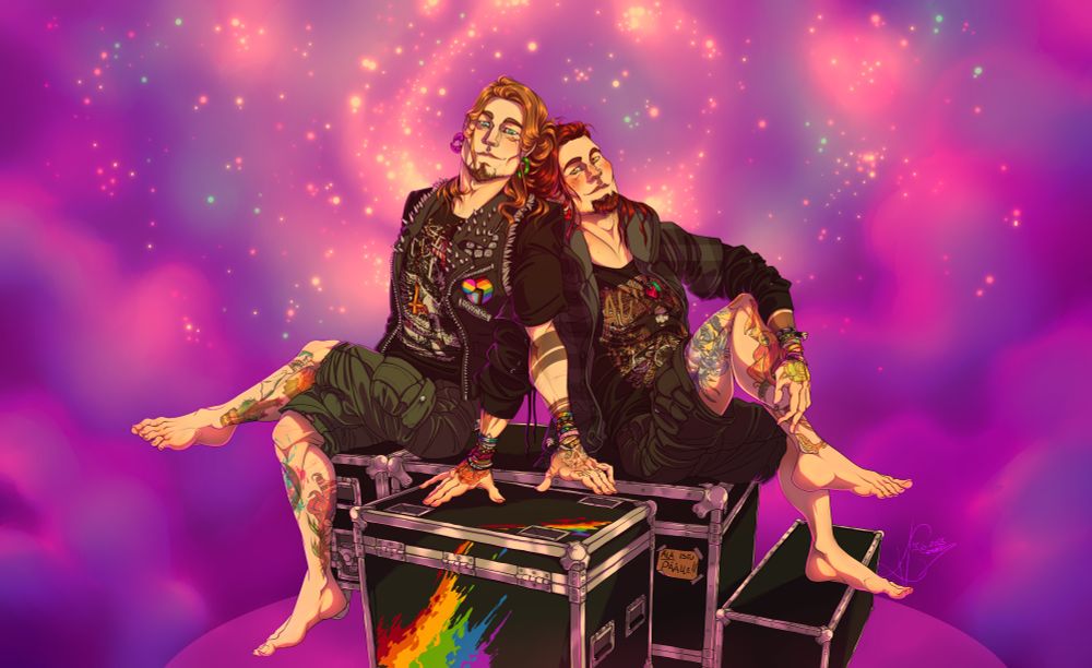 Two men being gay and sitting on flight cases, galaxy in the background