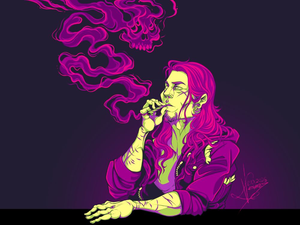 A drawing of a man smoking, smoke forms the shape of a skull, the drawing has bright, magenta and sickly green colours