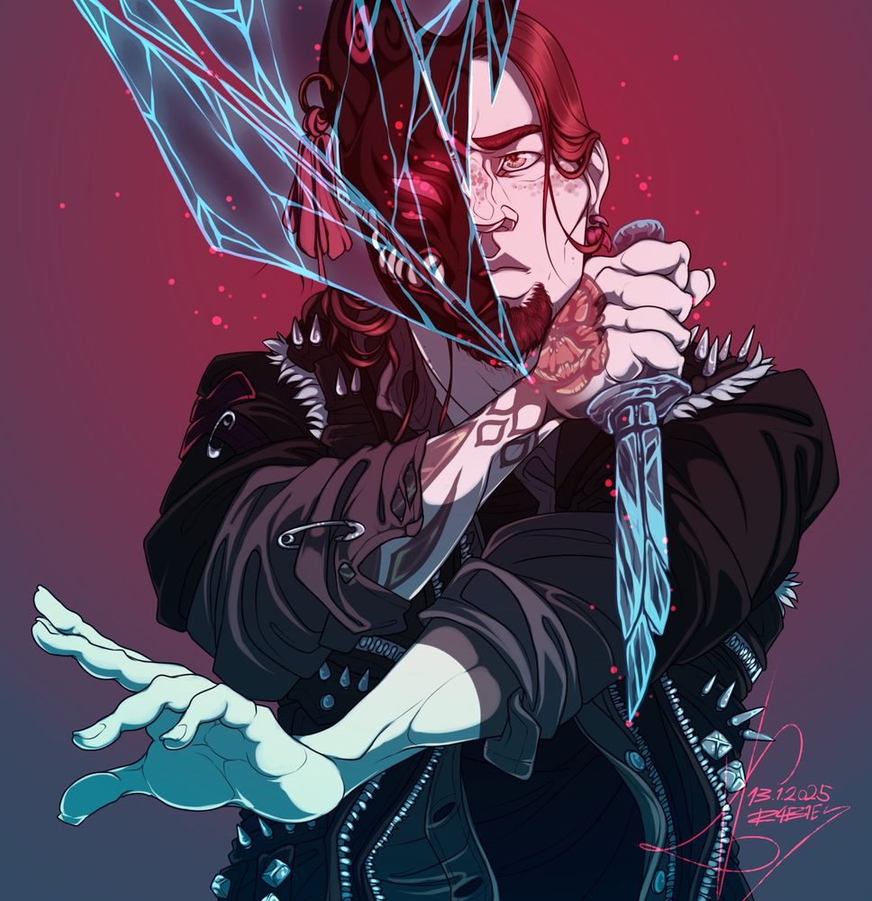 A worried looking man is holding a glass dagger, parts of his face are obscured by broken glass with a mask reflection on them.