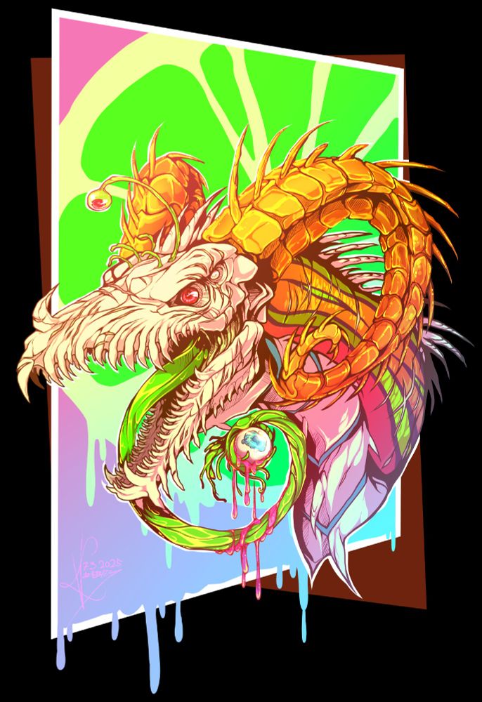 Soft candycore themed digital drawing of a skull headed dragon's head, holding a severed eye with their tonque. 