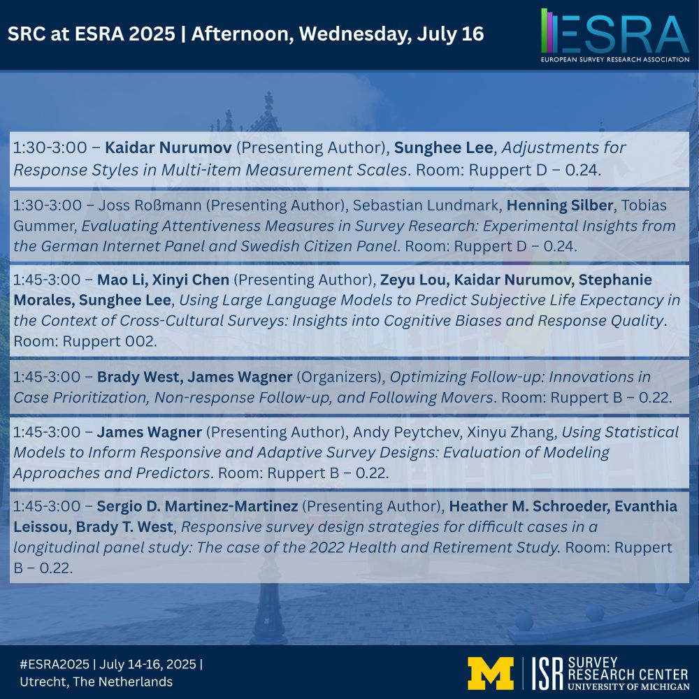SRC ESRA 2025 | Afternoon, Wednesday, July 16
1:30-3:00 – Kaidar Nurumov (Presenting Author), Sunghee Lee, Adjustments for Response Styles in Multi-item Measurement Scales. Room: Ruppert D – 0.24.

1:30-3:00 – Joss Roßmann (Presenting Author), Sebastian Lundmark, Henning Silber, Tobias Gummer, Evaluating Attentiveness Measures in Survey Research: Experimental Insights from the German Internet Panel and Swedish Citizen Panel. Room: Ruppert D – 0.24.

1:45-3:00 – Mao Li, Xinyi Chen (Presenting Author), Zeyu Lou, Kaidar Nurumov, Stephanie Morales, Sunghee Lee, Using Large Language Models to Predict Subjective Life Expectancy in the Context of Cross-Cultural Surveys: Insights into Cognitive Biases and Response Quality. Room: Ruppert 002.

1:45-3:00 – Brady West, James Wagner (Organizers), Optimizing Follow-up: Innovations in Case Prioritization, Non-response Follow-up, and Following Movers. Room: Ruppert B – 0.22.

1:45-3:00 – James Wagner (Presenting Author), Andy Peytchev, Xinyu Zhang, Using Statistical Models to Inform Responsive and Adaptive Survey Designs: Evaluation of Modeling Approaches and Predictors. Room: Ruppert B – 0.22.

1:45-3:00 – Sergio D. Martinez-Martinez (Presenting Author), Heather M. Schroeder, Evanthia Leissou, Brady T. West, Responsive survey design strategies for difficult cases in a longitudinal panel study: The case of the 2022 Health and Retirement Study. Room: Ruppert B – 0.22.
