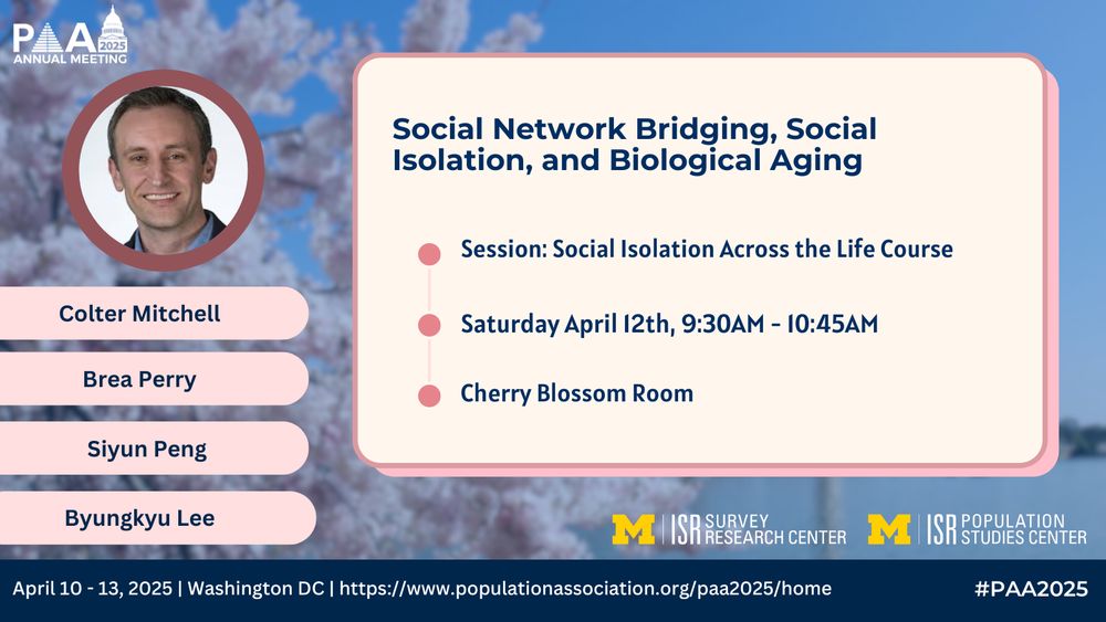 Social Network Bridging, Social Isolation, and Biological Aging
Session: Social Isolation Across the Life Course
Saturday, April 12th, 2:00-3:15PM
Room: Cherry Blossom
Brea Perry
Siyun Peng
Byungkyu Lee
Colter Mitchell