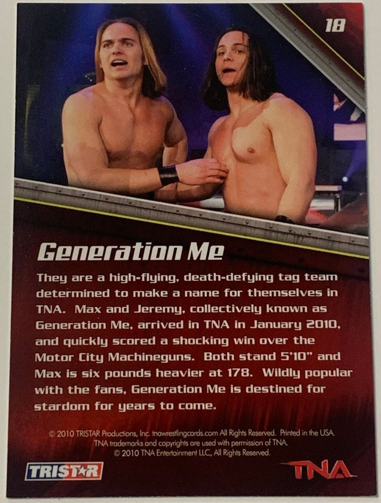 Generation Me trading card giving the backstory of Max and Jeremy and their arrival in TNA back in January 2010