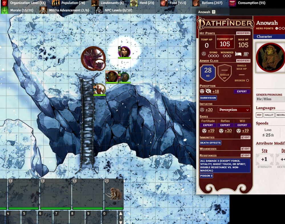 screenshot of the Forge VTT - a snow-covered map of a narrow chasm with a thin wooden bridge. Four character tokens are in observation mode on it, and a dullahan token + large mount stands nearby. My digital character sheet for "Anowah" is cropped on the right side.