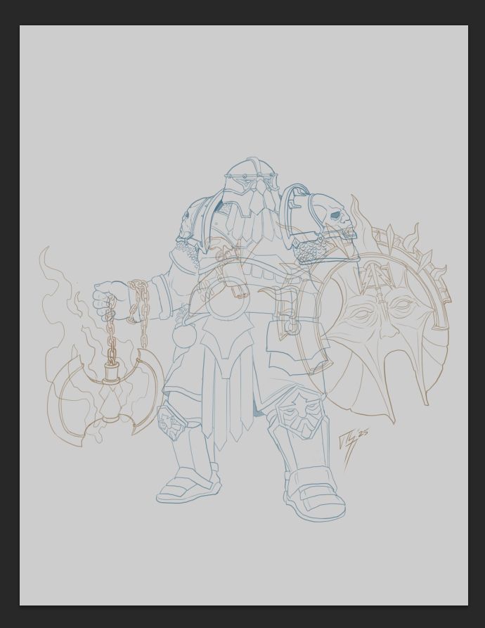 initial line sketch of a standing dwarf in plate armor with Sigmar inspired pauldrons and shield. A chain axe is wrapped in their right arm, and they sport a repeater pistol strapped in a bandolier on their chest.