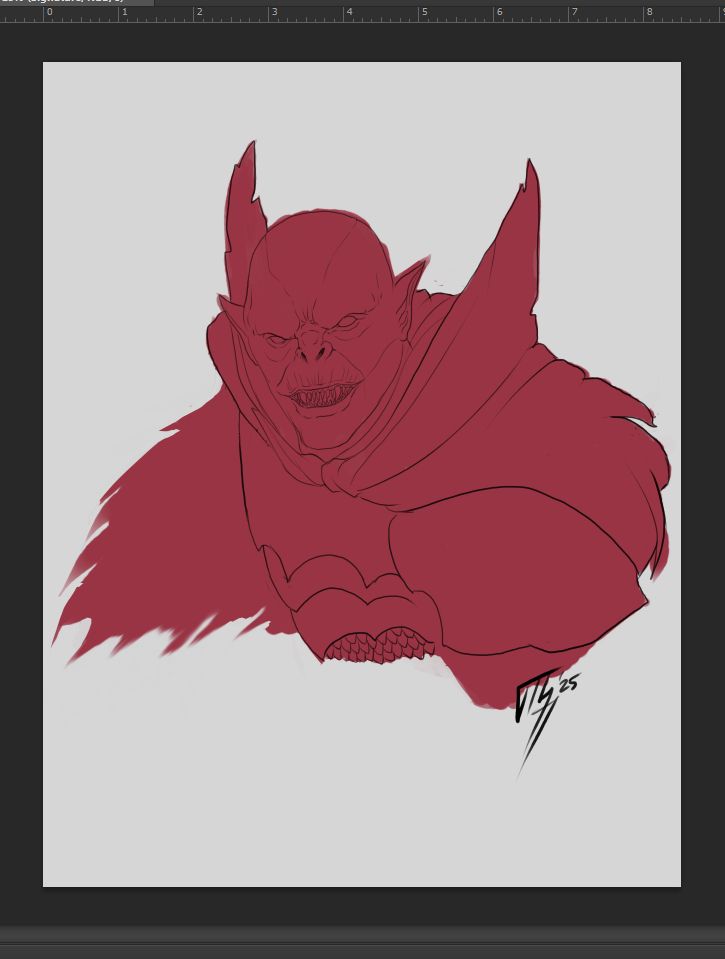 A screenshot of a photoshop window with a red blocked form, and the beginnings of a black line sketch detailing a leering, ragged caped vampire lord in plate and chainmail.