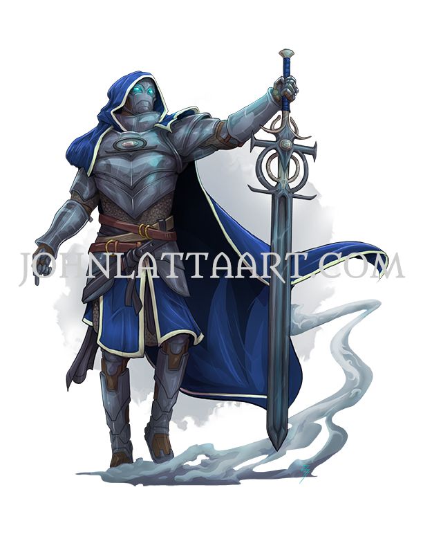 A warforged in a blue hooded cape strides forward and picks a huge great sword with a custom ricasso from a smoldering point at their feet.