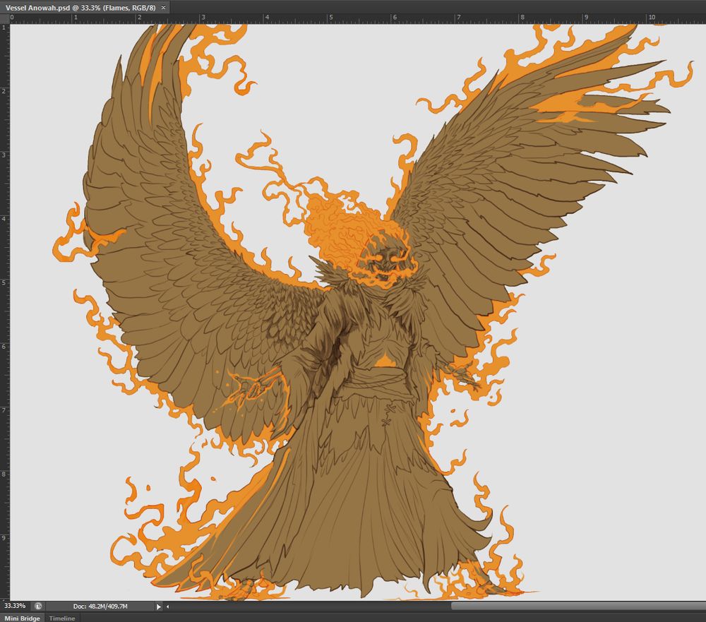 A photoshop window screenshot of a canvas with an initial sketch of a winged skeletal sorcerer with a blazing head and flames jumping along their wingspan and rest of body.