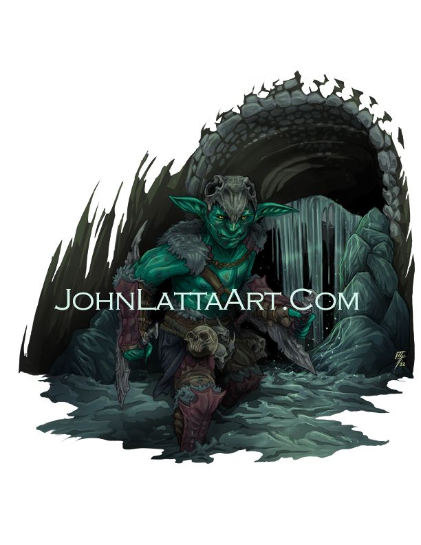 A goblin barbarian equipped with two bone war-glaives, wearing a giant rat's skull as a helmet along with various other stretched leathers and furs creeps through a flooded tunnel, a cropped cutaway off a feed-tunnel with dirt water spill behind them.