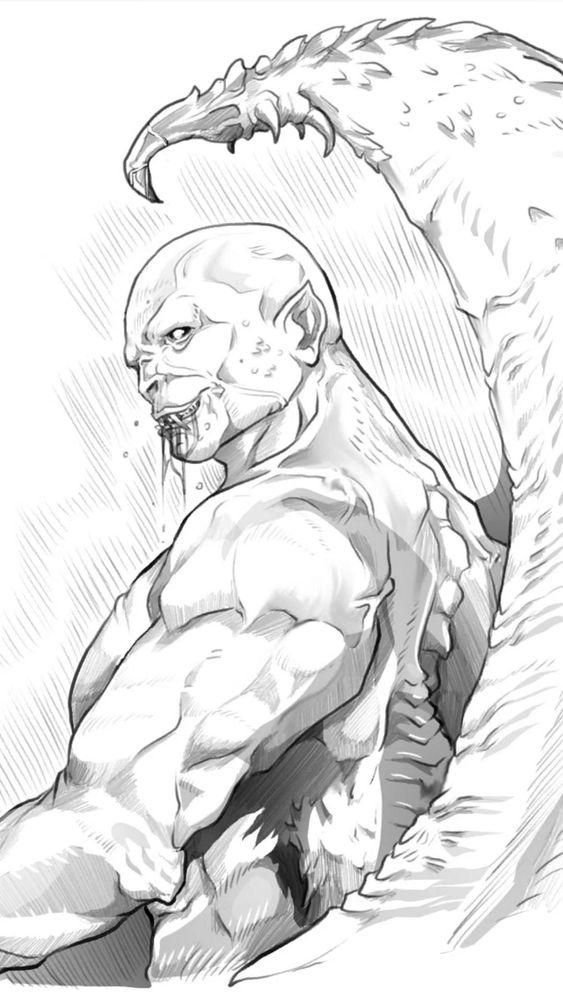 black and white cropped half-body shot of a bald, winged vampire, ichor dripping from its mouth, 3/4 back-shot.