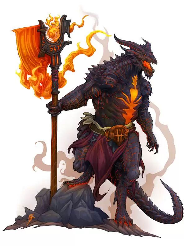 a shirtless obsidian dragonborn barbarian with a split chest carapace holds an artefact greataxe of flames. The partitions in their scales glows as brightly as the axe, as if its power has lit literal flames within them.