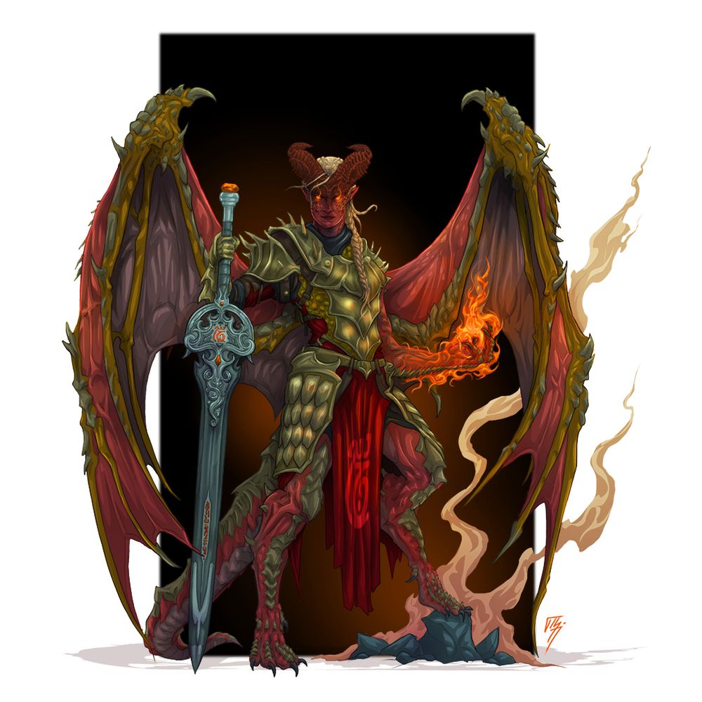 A winged tiefling sorcerer paladin who has undergone a transformation through her red-draconic bloodline is dressed in gold scale mail, holding onto a huge custom greatsword while summoning a mote of flame in their clawed draconic hand.