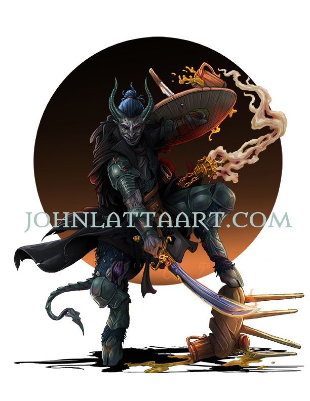 Feral Tiefling Blackguard in a duster coat, mail and custom greaves for their cloven hooves, wielding a death's head scimitar and round wooden shield. The character's accoutrement implies they're mid tavern-brawl.
