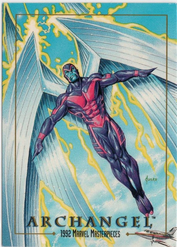 Card from the 1992 Marvel Masterpieces trading card collection with mutant Archangel, a flying man with giant metal wings and a blue face in a purple and pink body suit. Yellow light is streaking around his wings, blue clouds and sky around and below him to show how high he is in the air and there is a plane in the bottom right corner also showing how high he’s flying.