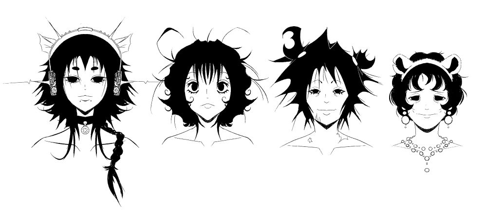 4 headshot sketches of humanized rat OCs