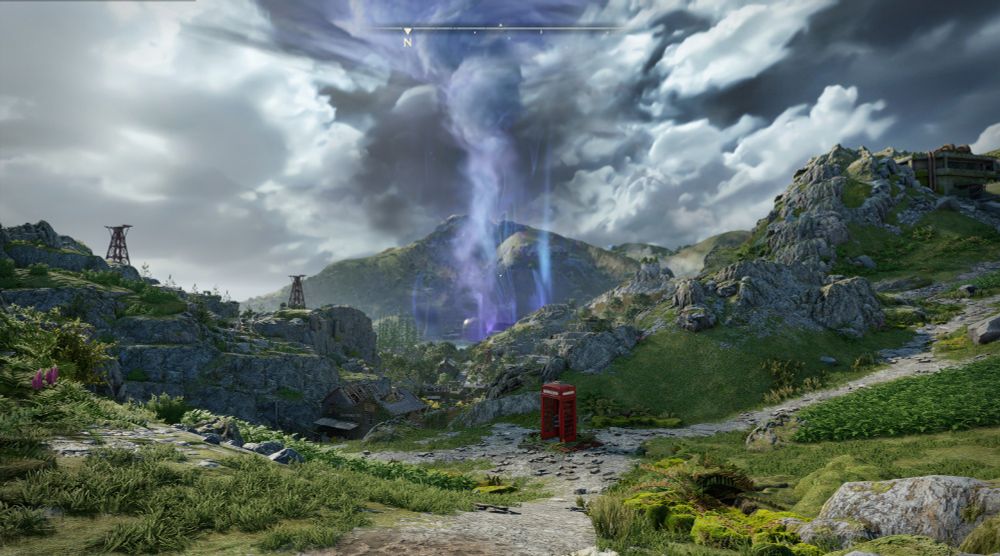A picture of a British landscape including a red phone box with a swirling purple vortex in the distance seemingly caused by a nuclear event of some kind