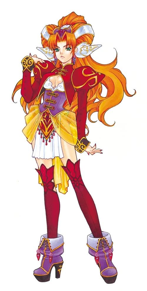 A picture of Millenia from Grandia 2, wearing Purple High Heels, Red kneehigh tights, a purple bodice with white detailing and orange opaque side covers and a Red large shouldered Jacket

She has long orange hair and white horns aside her cute face