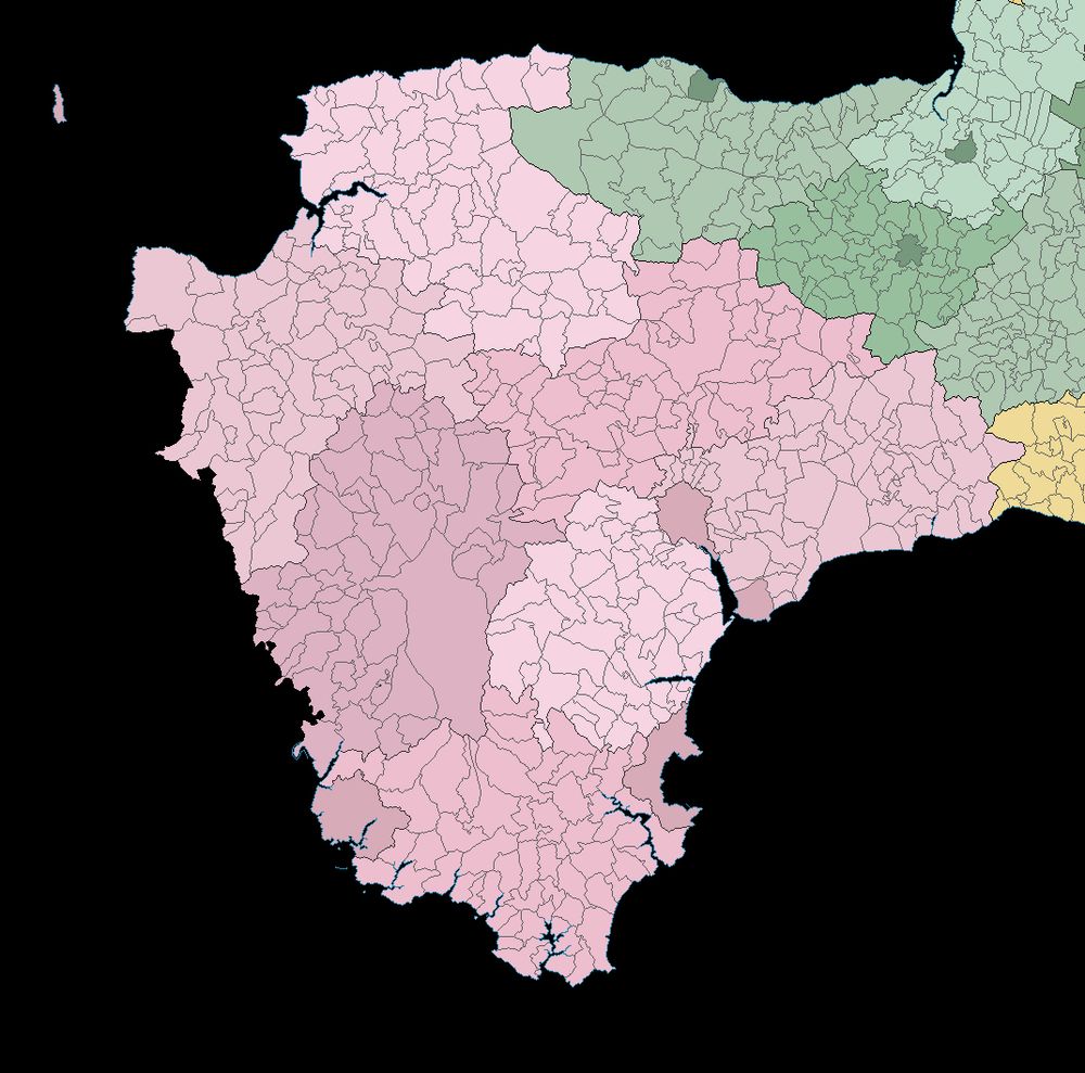 A map showing the parishes and districts of Devon in 1974