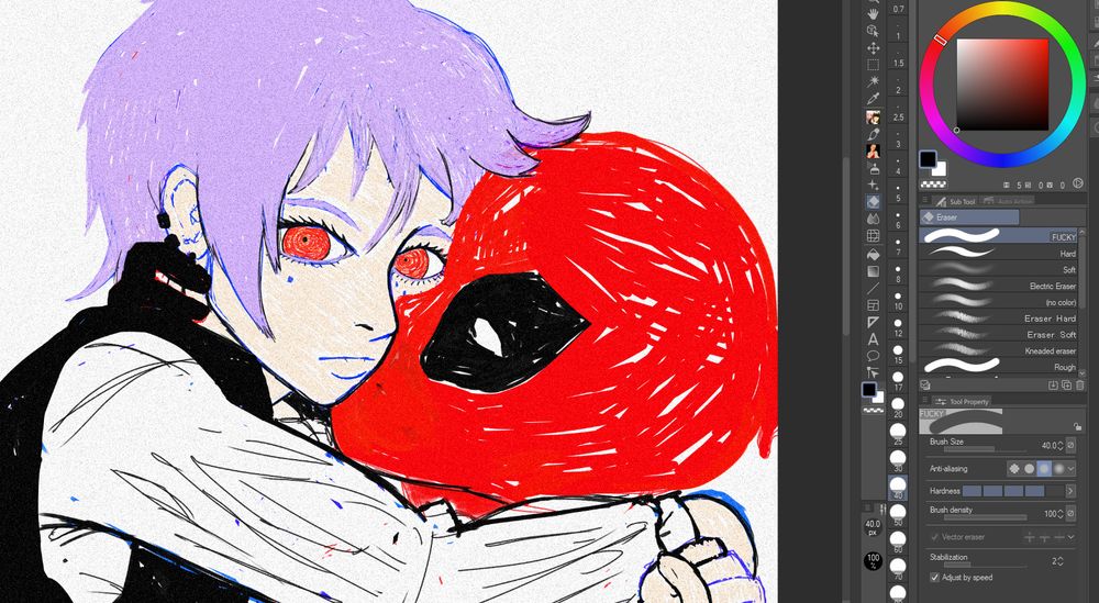 a doodle I made of Shi Chan / lil'd from Chainsawman hugging Deadpool
