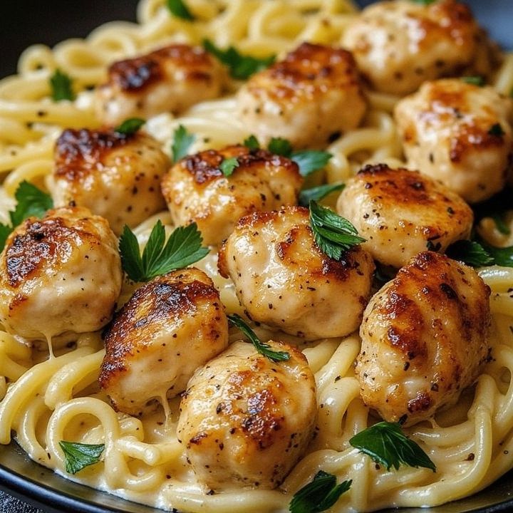 "🌟 **Garlic Butter Chicken Bites with Creamy Parmesan Pasta** 🌟

Indulge in a comforting dish that combines mouthwatering garlic butter chicken bites with rich, creamy Parmesan pasta. This delightful recipe will whisk you away to a cozy kitchen where the aromas tantalize your senses and the flavors warm your soul. Let's dive into this culinary adventure! 🍝✨

### Ingredients:
- 1 lb chicken breast, cut into bite-sized cubes
- 8 oz pasta (penne or rotini work beautifully)
- 4 tbsp butter
- 2 cloves garlic, finely minced
- 1 cup heavy cream
- 1 cup grated Parmesan cheese
- Salt and pepper, to taste
- Fresh basil leaves, for that lovely garnish 🌿

### Instructions:

1. **Boil the Pasta**: Start by cooking your chosen pasta according to the package instructions. Once it’s al dente, drain it and set it aside, letting it sit while the magic happens in the skillet.

2. **Sizzle the Chicken**: In a large skillet over medium heat, melt the butter until it’s beautifully bubbly. Toss in the minced garlic and let it sauté for about a minute, just until fragrant. Then, gently add the cubed chicken and cook until it’s gloriously golden brown on all sides, bringing out that delicious, savory flavor.

3. **Creamy Sauce Bliss**: Once the chicken is cooked, pour in the heavy cream, stirring it through the chicken. Gradually mix in the grated Parmesan cheese, letting it melt and create a luscious, creamy sauce. Season this heavenly concoction with salt and pepper to taste, allowing the flavors to develop and blend flawlessly.

4. **Pasta Paradise**: Now, it’s time to bring it all together! Toss the drained pasta into the skillet with the creamy chicken sauce, ensuring each piece of pasta is coated in that rich flavor. 

5. **A Touch of Green**: To finish off this delightful dish, serve it garnished with fresh basil leaves. The vibrant green not only adds a pop of color but also a fresh burst of flavor that ties it all together beautifully.

