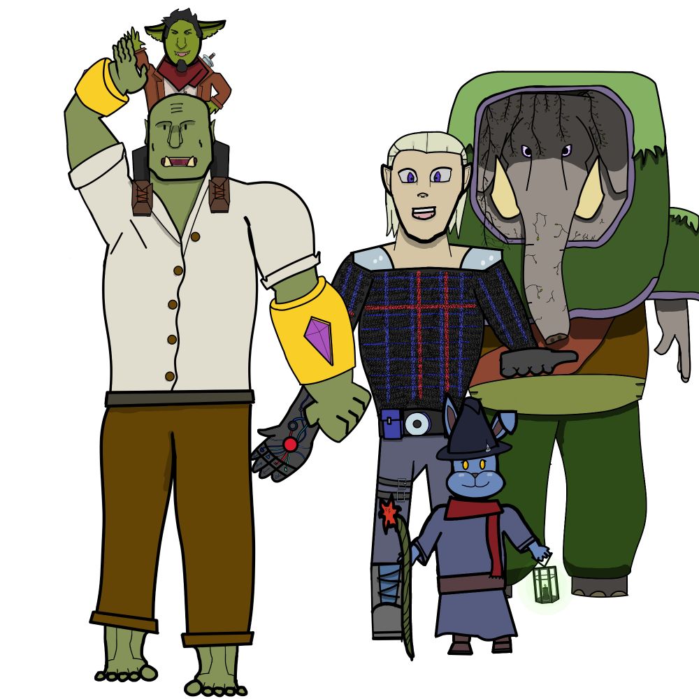 My D&D Party

An orc named Gorko with his best friend: a goblin named Esgal on his shoulders.

A half elf artificer named Adulis, recognized by his yarn woven chainmail.

A harengon wild magic sorcerer named Sylfina with her ghost named Sarah peeking out of her hat, holding a red flower staff in one hand and a green lantern in the other

Ecafaire, a loxodon w/ a Feywild-Shadowfell anomaly in his chest causing his skin to be pierced by small vines and willow tree branches to hang as hair from his head 
