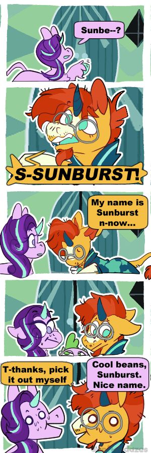 A re imagining of the episode where Starlight meets up with Sunburst again. This being Sunburst has transitioned into a stallion since they last saw each other