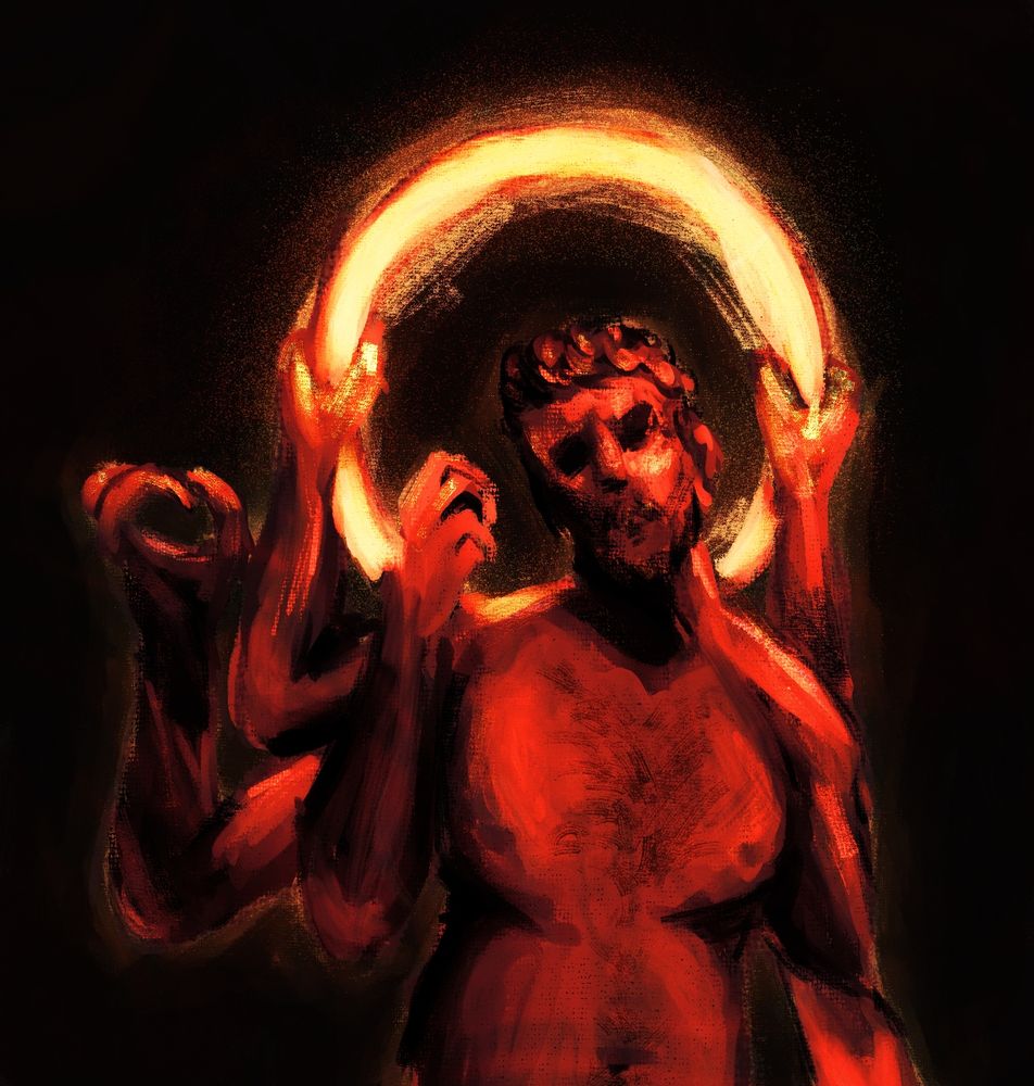 A drawing in reds, oranges, and pale yellows of a shirtless man with short hair and a short beard raising one hand with curled fingers, one extra arm to the left in a claw grip, and two extra hands behind him grabbing a violently glowing halo