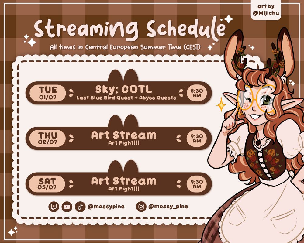 Visual of Mossypine streaming schedule displaying various streams on Tuesday, Thursday and Saturday starting around 9AM CEST