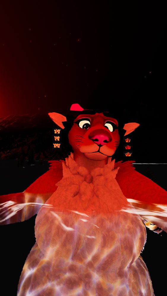 A chubby foxdeer, topless, swimming in a red-lit environment. Their distinctly rounded chest and large belly are quite visible.